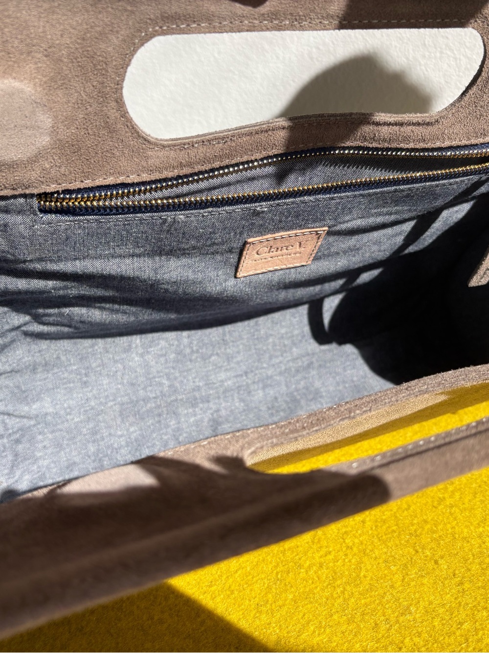 Clare V. Petit Maude Maison Mushroom Taupe Gray Suede Clutch Bag 12” x 9.5” x 5” - Picture 14 of 14